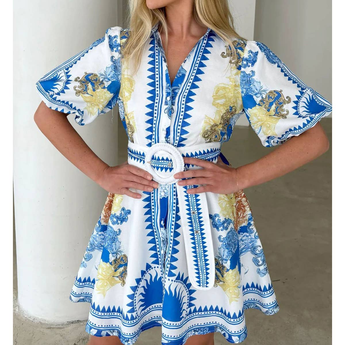 Casual fashion printed V-neck short waist dress