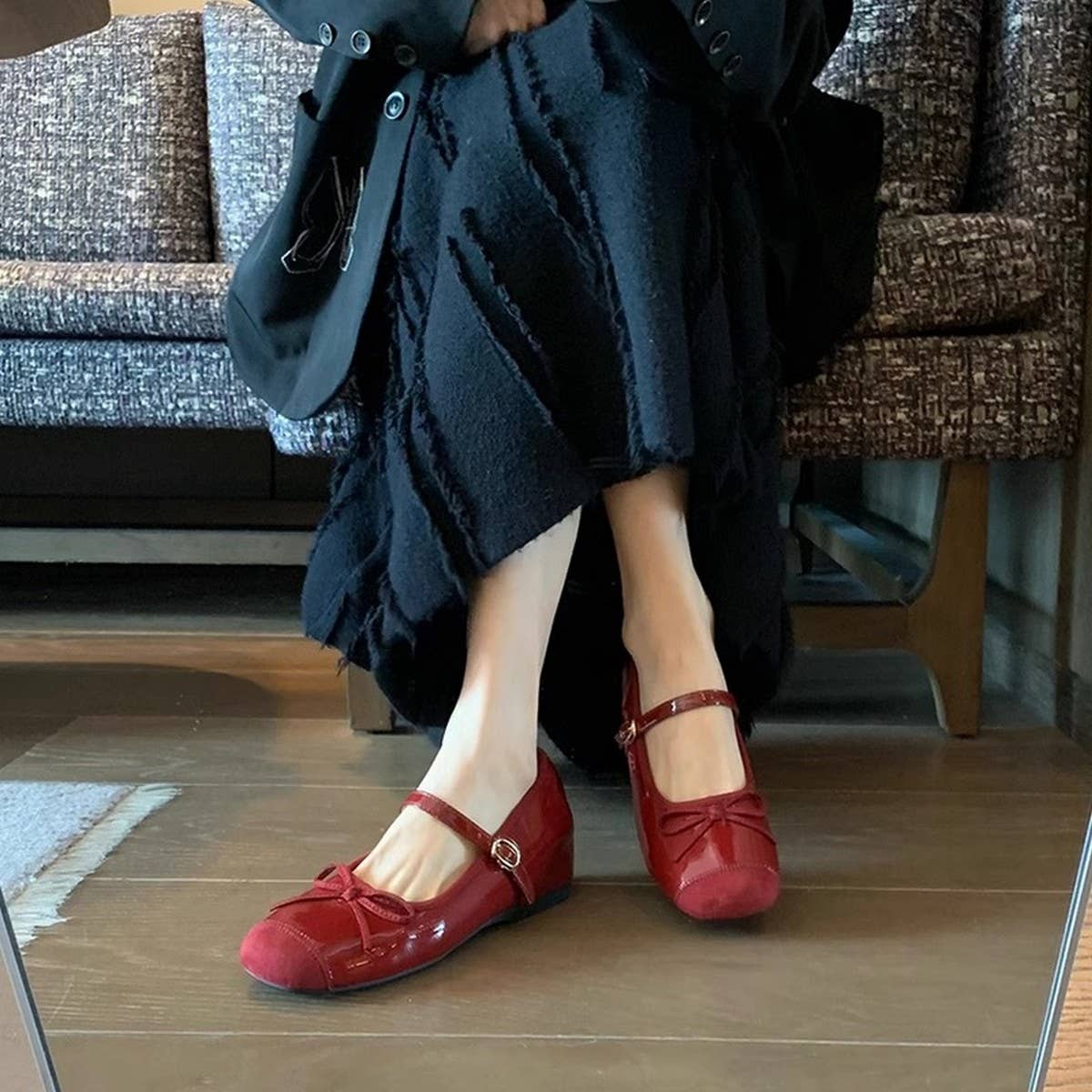 Red Bow Mary Jane Shoes with Hidden Wedge_CWSHF0057