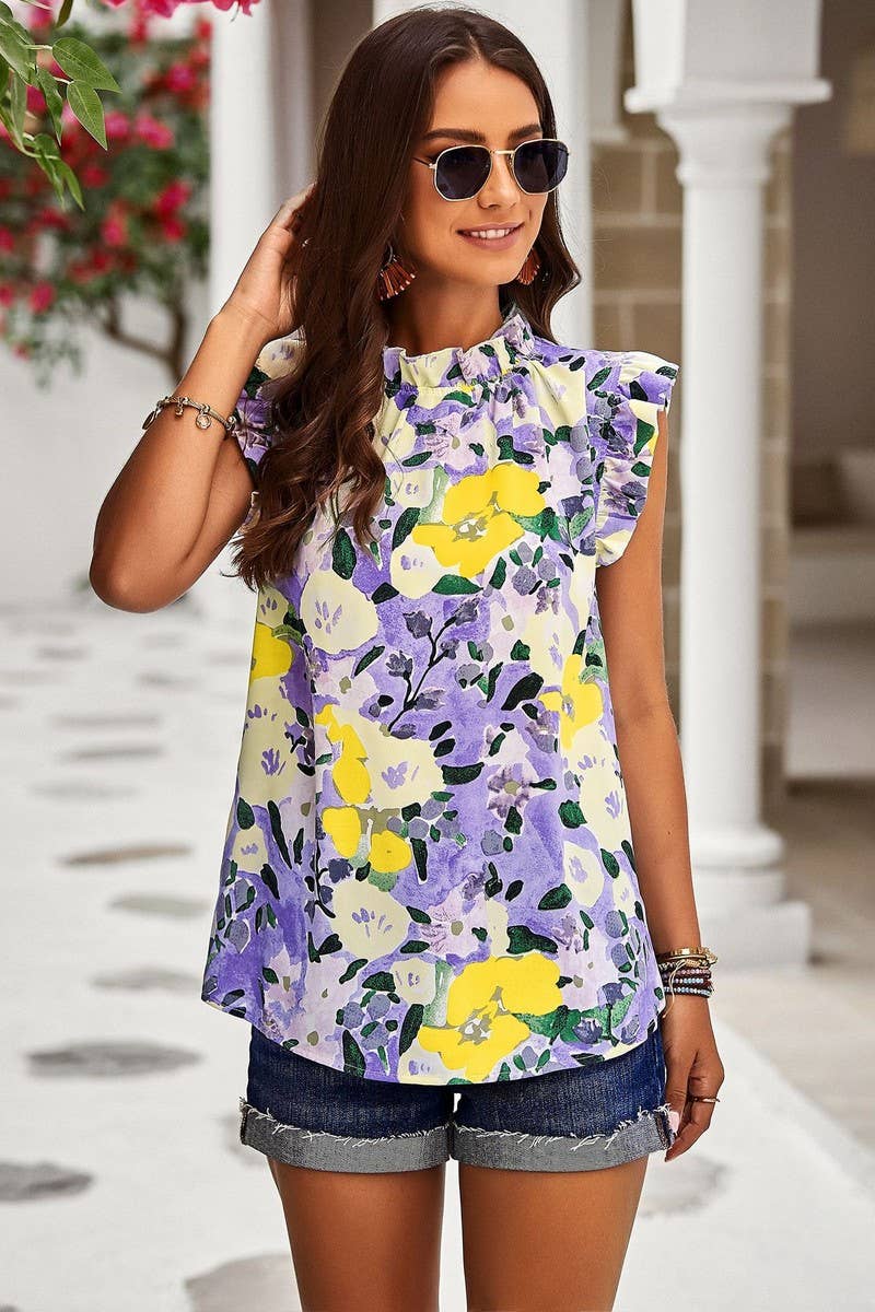 CWTBLSL0061_Round Neck Floral Ruffle Sleeveless Top