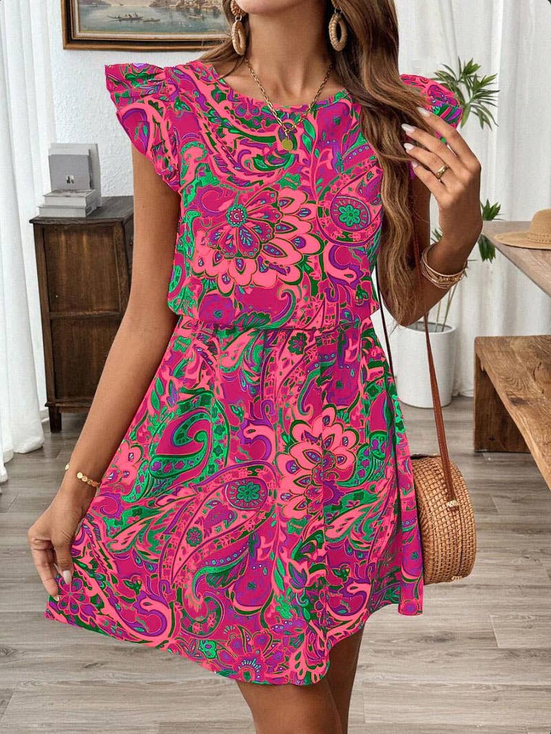 Feifei sleeve printe cinched waist lace-up dress