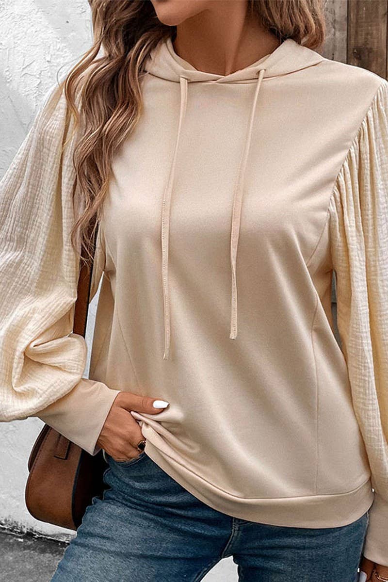 CWOHOL0684_SOLID PUFF SLEEVE HOODED SWEATSHIRT