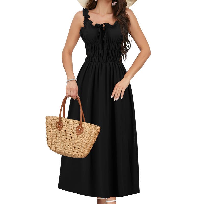 Casual Solid Color Waist-Tie Long Maxi Dress