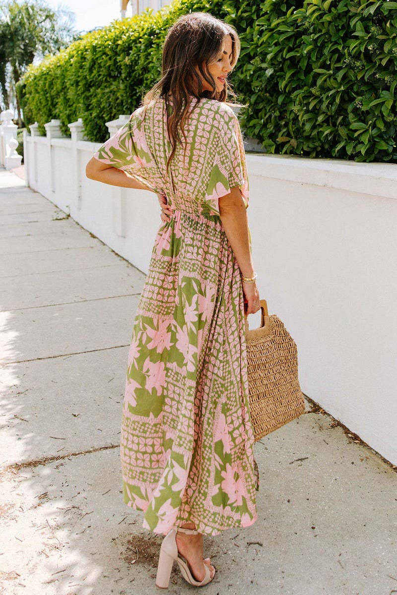 CWDMD1606_DEEP V-NECK BAT SLEEVE PRINTED MAXI DRESS