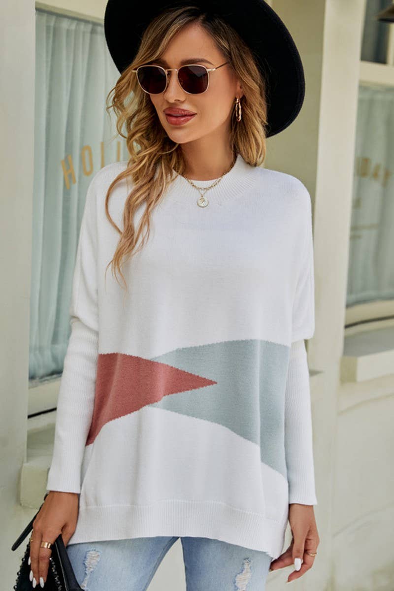 CWOSWL2677_LOOSE BATWING SLEEVE CONTRAST COLOR KNIT TOP