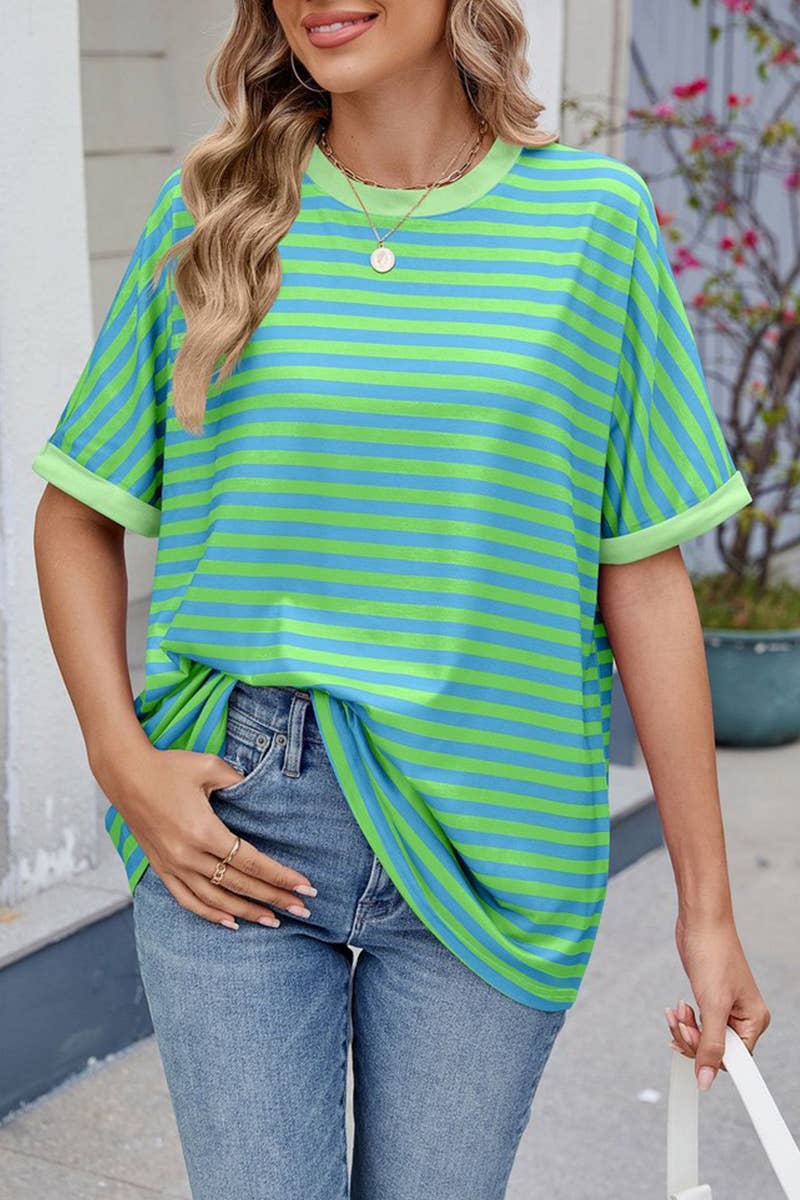CWTTS1343_SUMMER STRIPED CONTRAST LOOSE SHORT SLEEVES