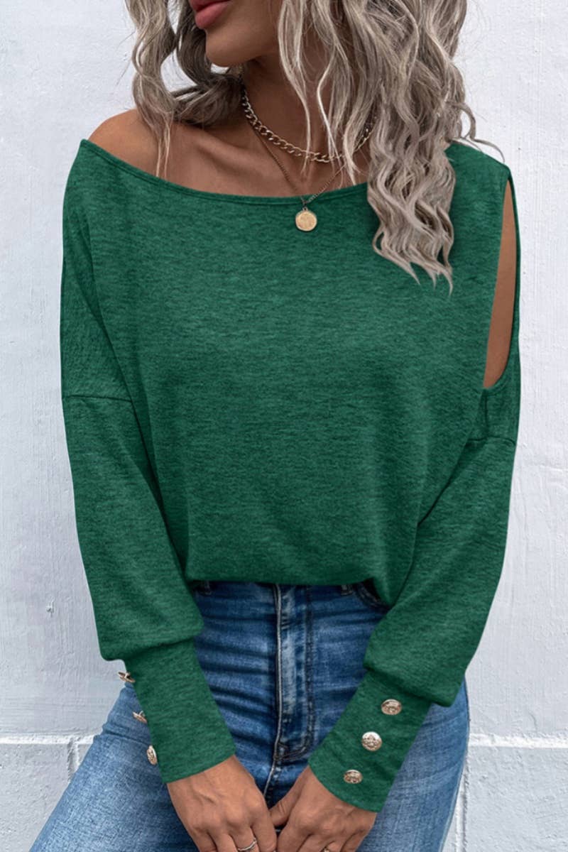 CWTBLL1429_SOLID COLOR BUTTON-DOWN LONG-SLEEVED TOP