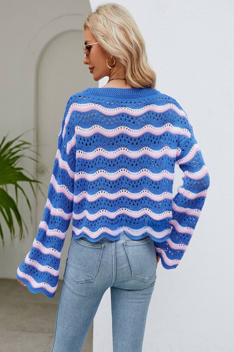 CWOSWL603 Flare Sleeved Round neck Hollowed Out Sweater