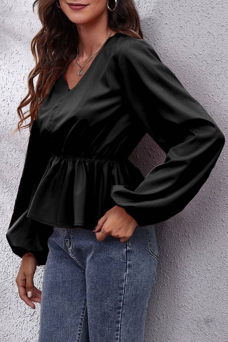 CWTBLL3760_V-NECK SOLID COLOR LANTERN SLEEVE CHIFFON SHIRT