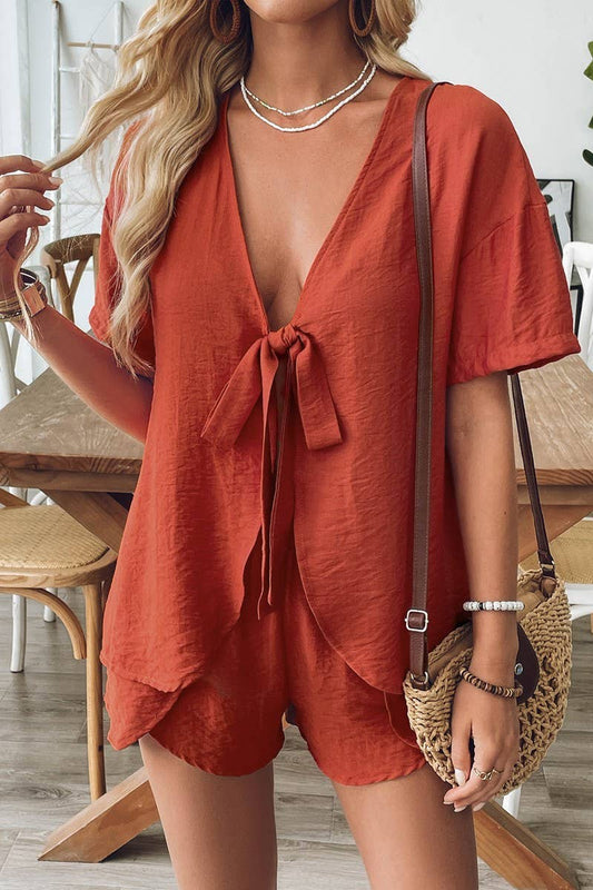 CWSTB1834_CASUAL TIE FRONT BLOUSE AND SHORTS SET