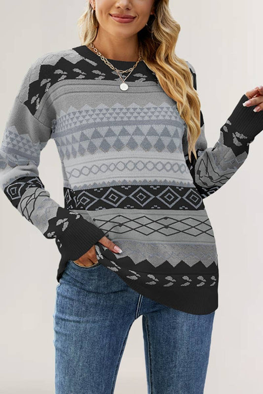 CWOSWL5878_KNITTED DIAMOND SHAPE LONG-SLEEVED SWEATER