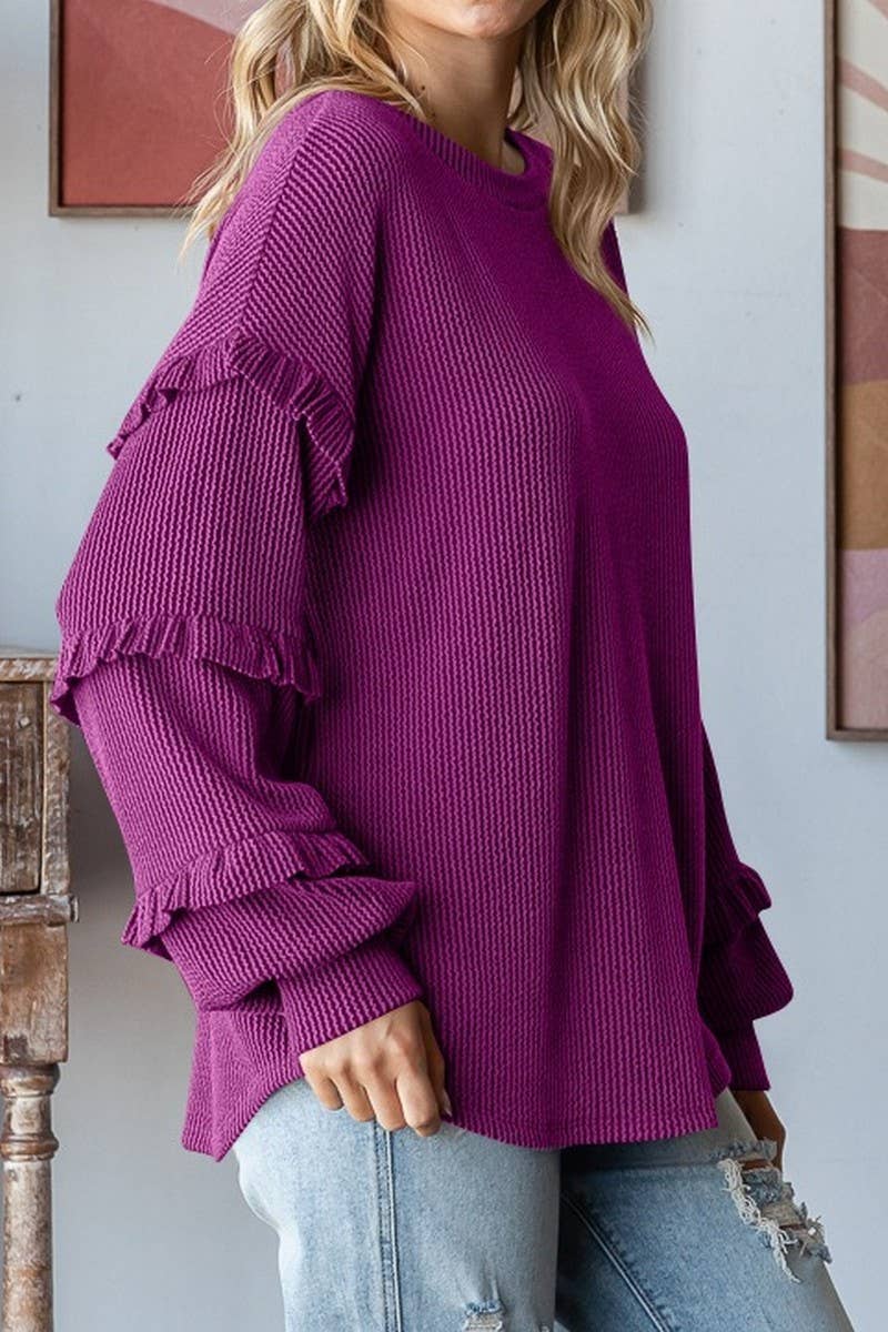 CWTBLL3202_BALLOON SLEEVE CREW NECK LAYERED SLEEVE PULLOVER