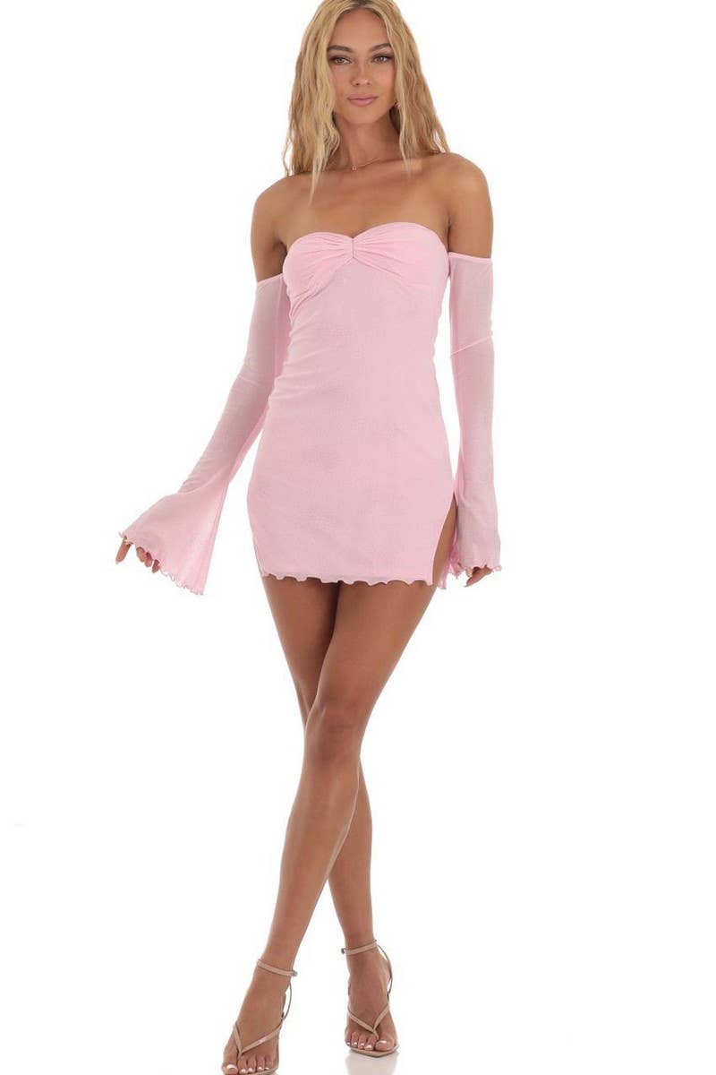 CWDTD0481_OFF SHOULDER FLARE SLEEVE STRAPLESS BODYCON DRESS