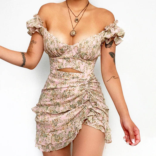 FLORAL PRINT CHIFFON DRESS WITH V-NECK LACE