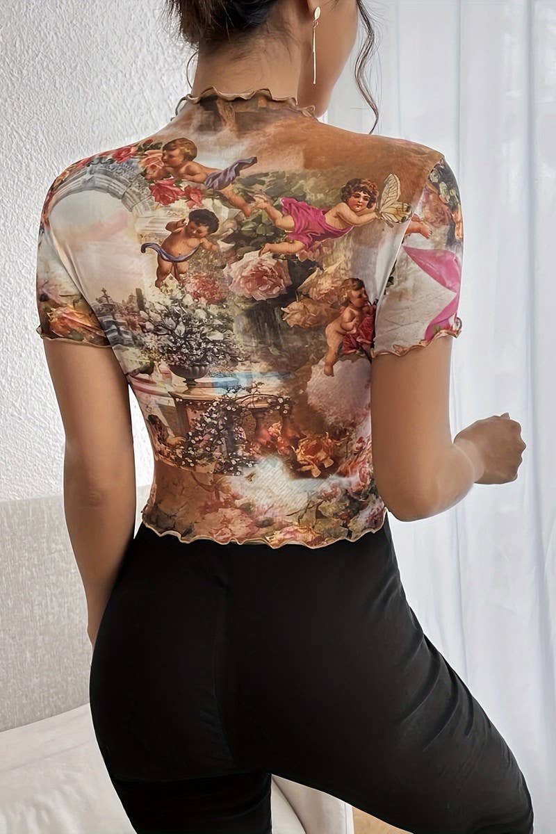 CWTBLS1534_MESH PRINTED RUFFLED SHORT SLEEVE T-SHIRT TOP