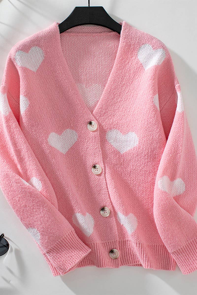 CWOCAL0855_HEART SINGLE BREASTED KNITTED CARDIGAN SWEATER