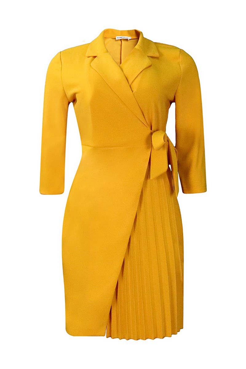 CWDSD3574_PLUS SIZE SUIT COLLAR STRAPPED PLEATED SHORT DRESS