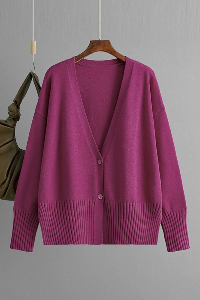 CWOCAL00665_V NECK SOLID LOOSE KNIT CARDIGAN SWEATER