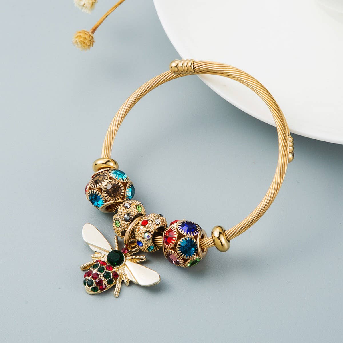 Gold Bee Charm Bracelet with Sparkle Beads
