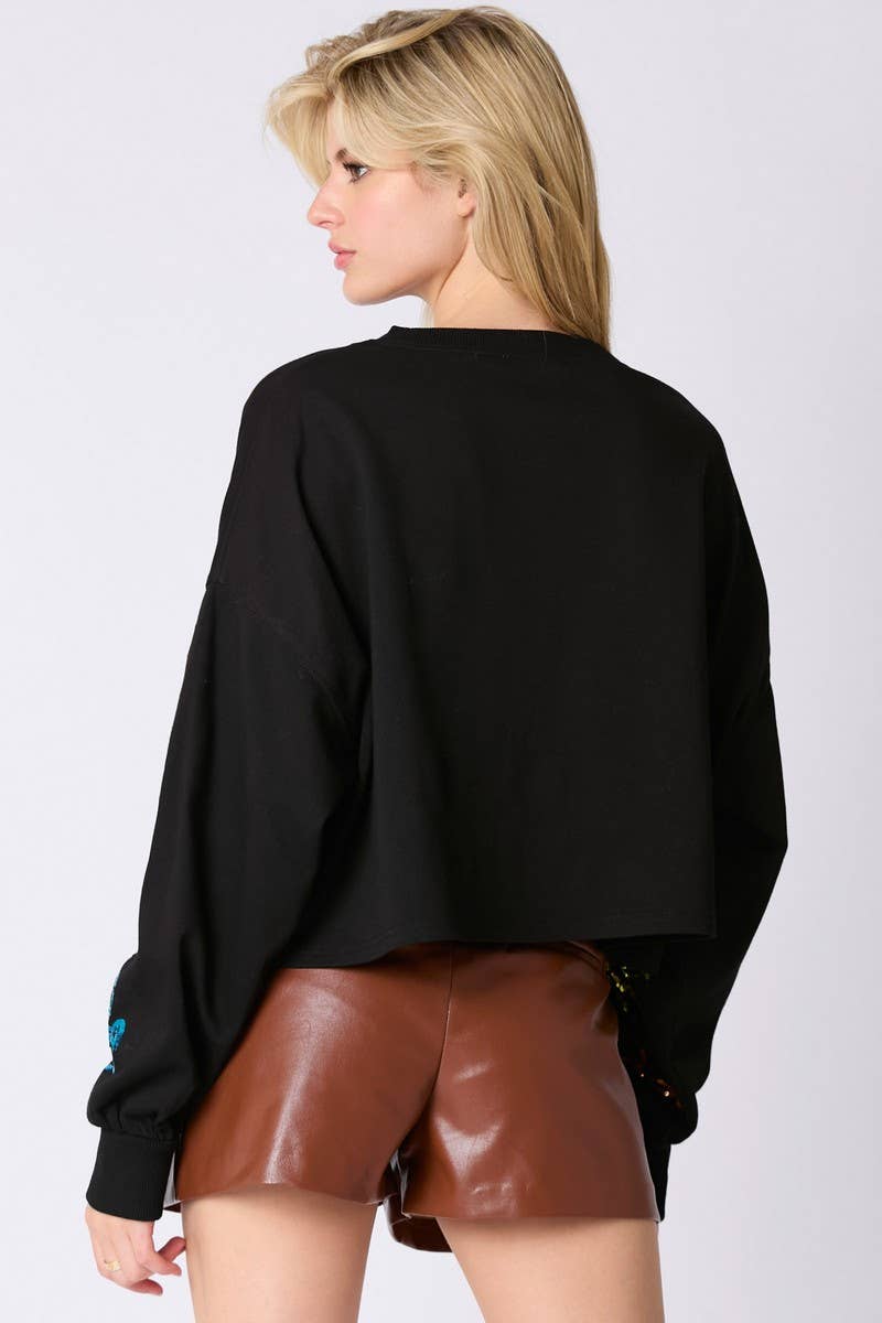 CWOSWL07752_HALLOWEEN SKELETON SEQUIN TOP LOOSE SWEATSHIRT