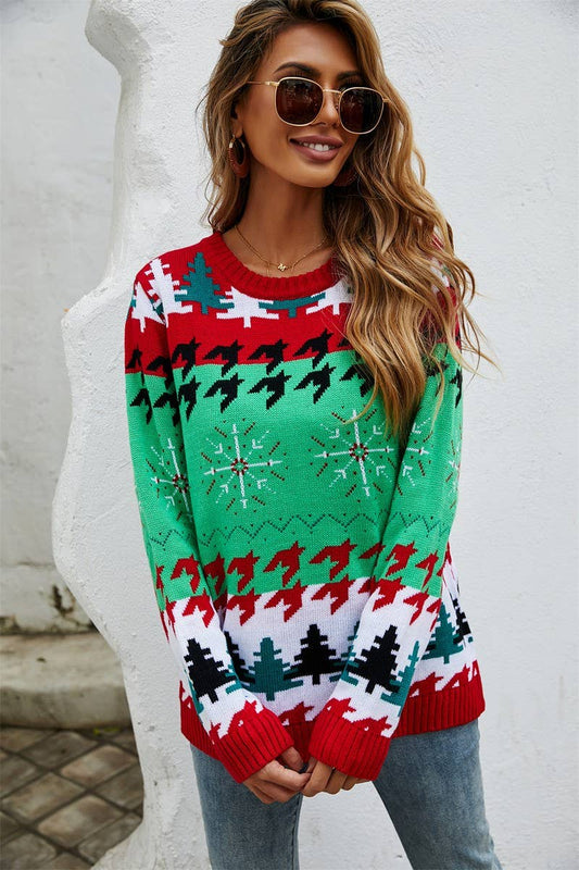 CWOSWL5790_CHRISTMAS TREE PRINT CREW NECK LOOSE SWEATER