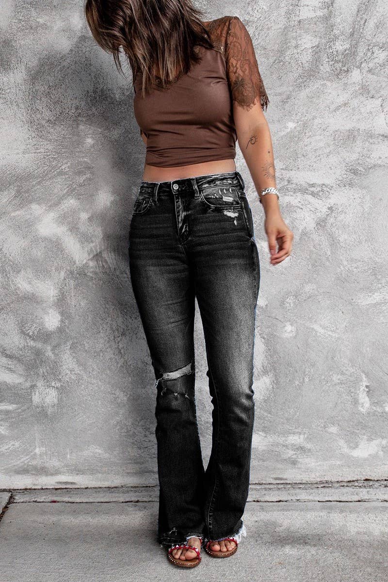 CWJP0604_HIGH WAIST STRETCH RIPPED FRAYED HEM FLARE JEANS