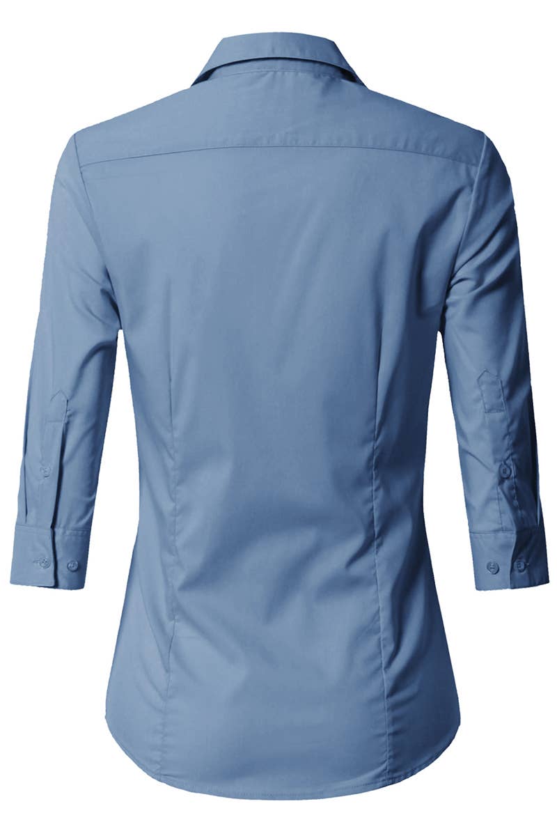 CWTSTS116_Basic Slim Fit Simple 3/4 Sleeve Button Down Shirt