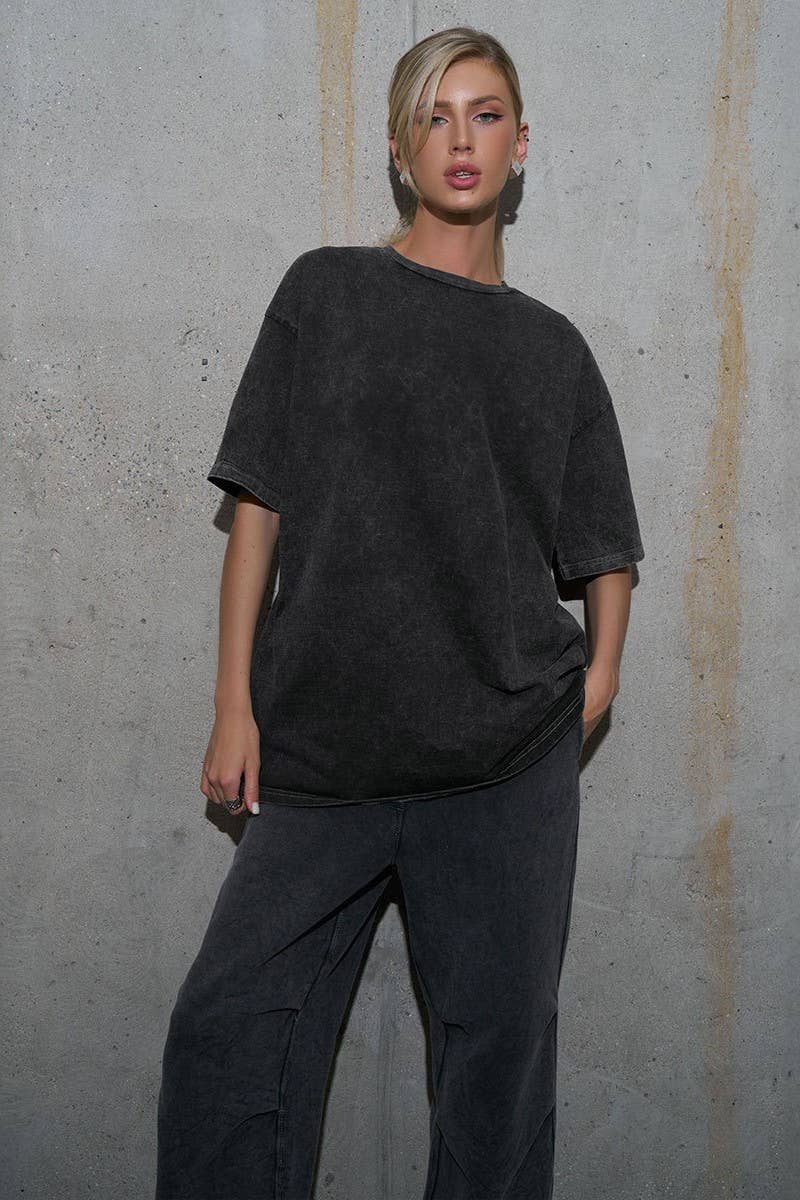 CWTTS1176_ROUND NECK WASHED DISTRESSED SHORT SLEEVE T-SHIRT