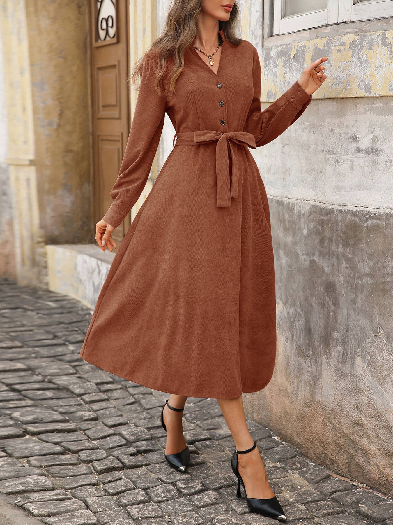Classic brown corduroy V-neck dress