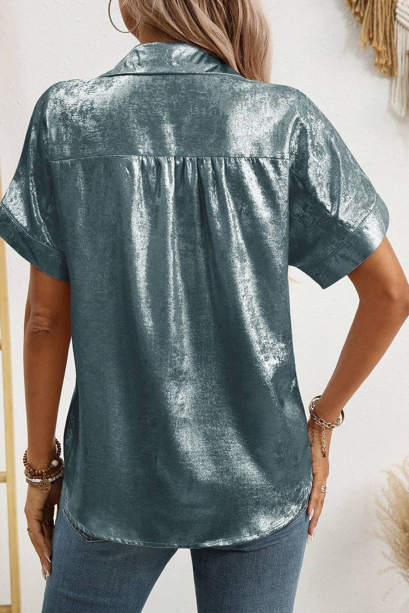 CWTBLS2257_METALLIC COLLARED SHORT SLEEVE RELAXED SHIRT