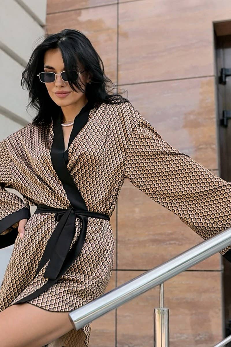 CWSPJ0395_SATIN PRINT CARDIGAN ROBE SHORTS TWO-PIECE SET