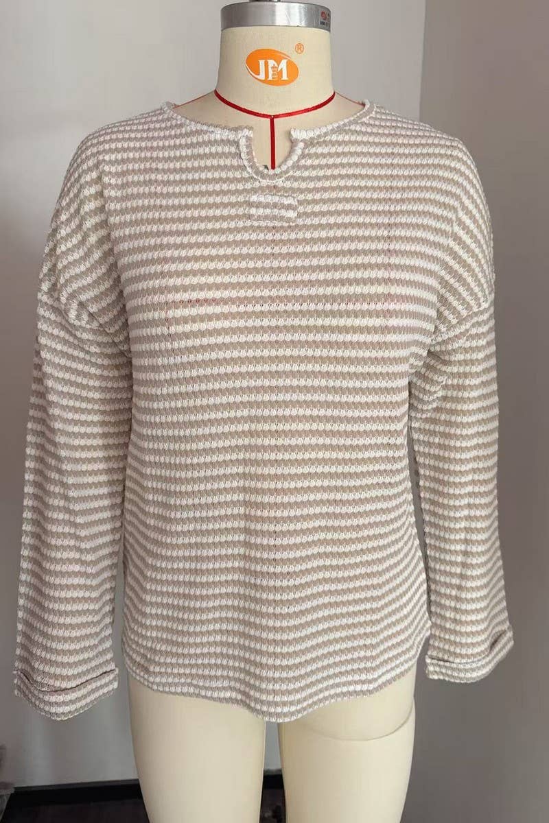 CWOSWL07716_STRIPED WAFFLE KNIT TOP WOMEN CASUAL LONG SLEEVE