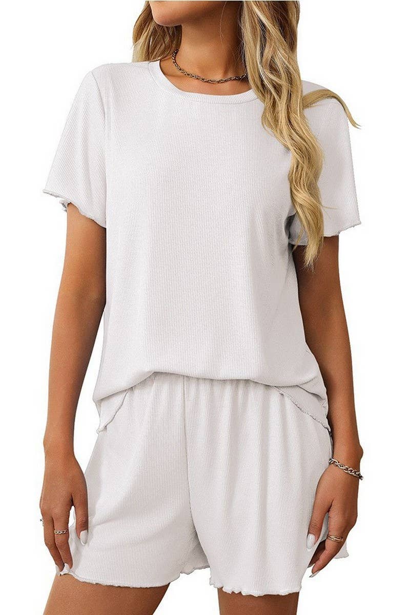 CWSPJ0442_SOLID RIBBED SHORT SLEEVE PAJAMA SET