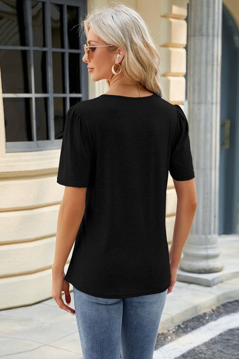 CWTTS0895_SOLID COLOR U NECK PLEATED TOP T SHIRT
