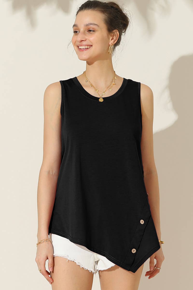 CWTTSL199_U NECK BOTTON SIDE BUTTON UP SLEEVELESS TOP