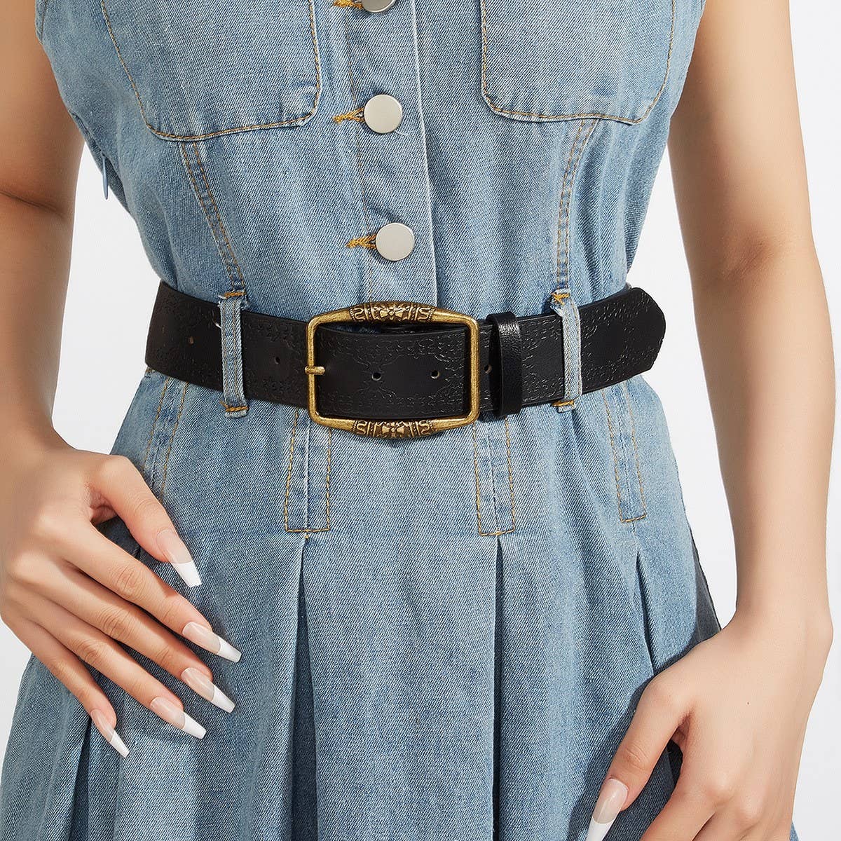 CWABE0555_VINTAGE IMITATION LEATHER SQUARE BUCKLE BELT