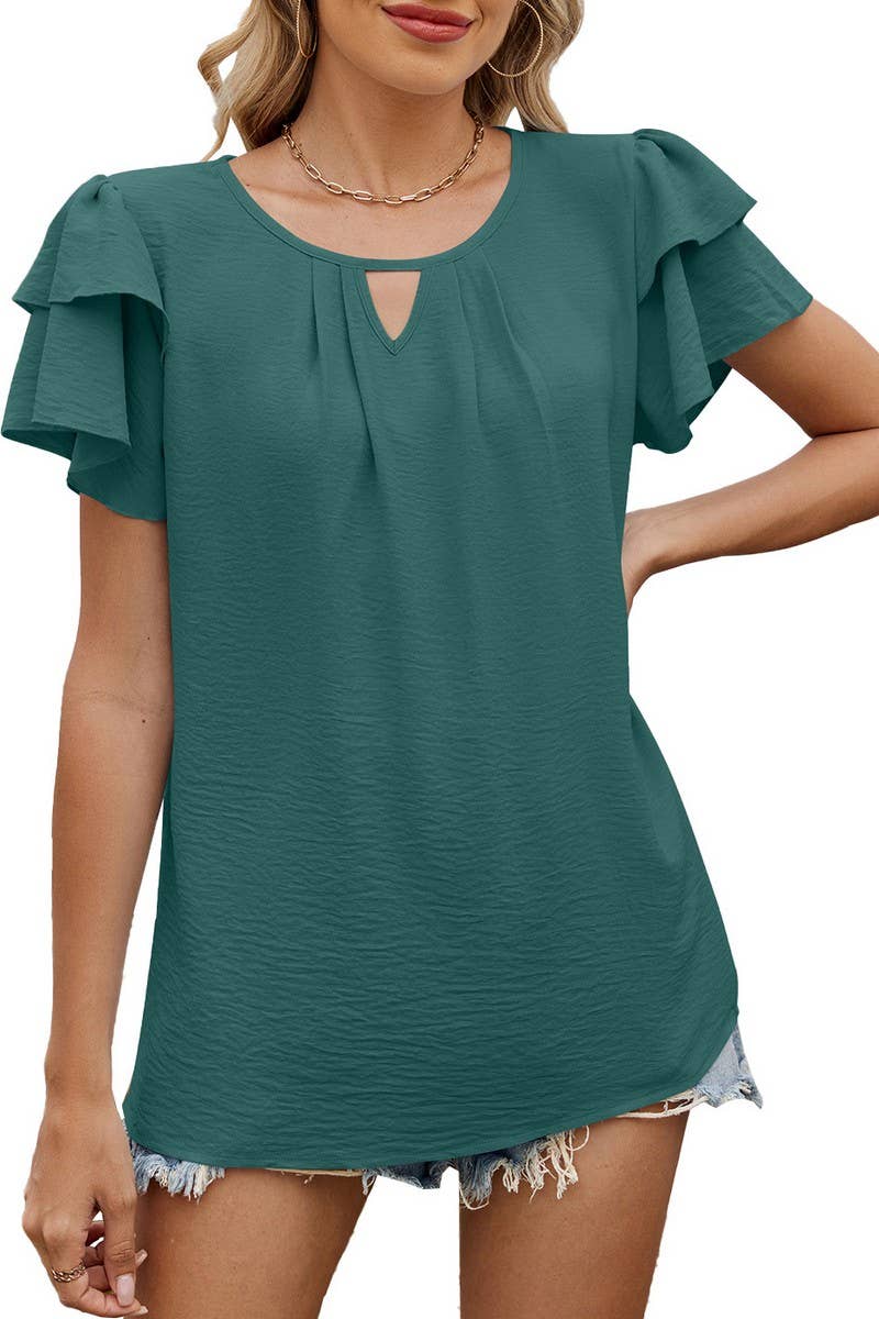 CWTTS1330_V-NECK HOLLOW DOUBLE-LAYER SLEEVE LOOSE T-SHIRT