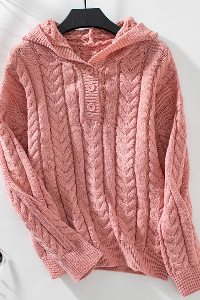 CWOSWL2807_BUTTON CABLE-KNIT HOODED SWEATER