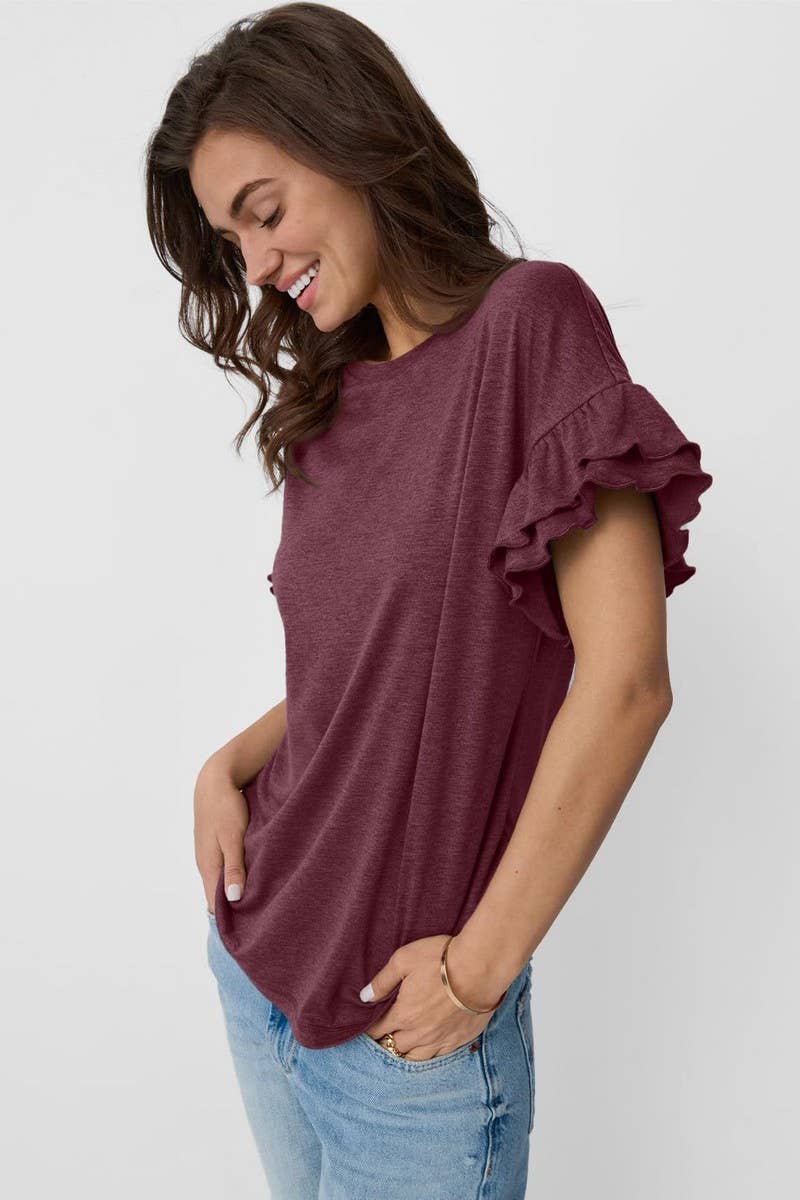 CWTBLS1620_SOLID COLOR ROUND NECK RUFFLE SLEEVE TOP