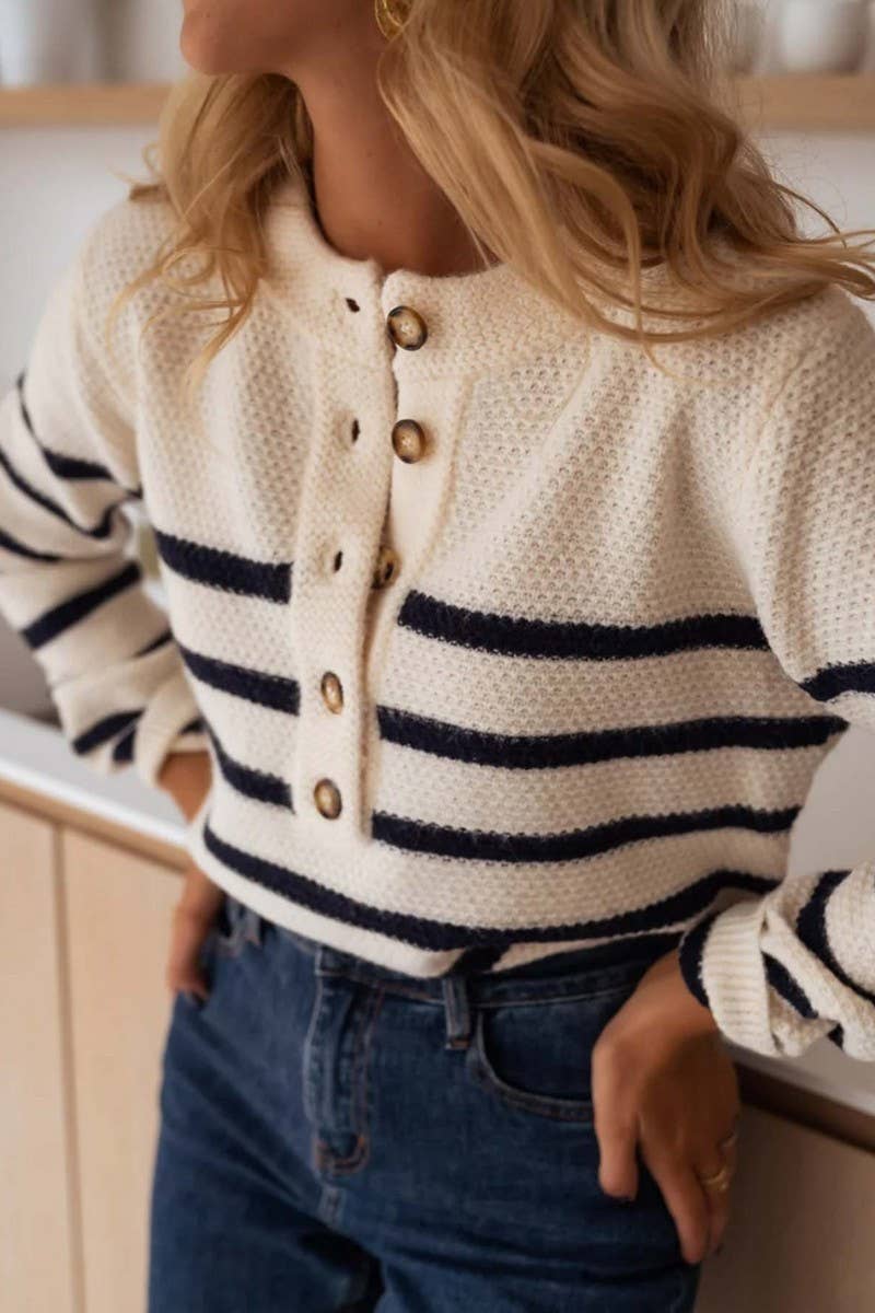 CWOSWL6961_STRIPED PULLOVER BUTTON-DOWN KNITTED SWEATER