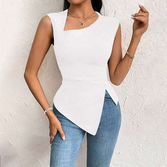 Diagonal neckline slim short irregular top