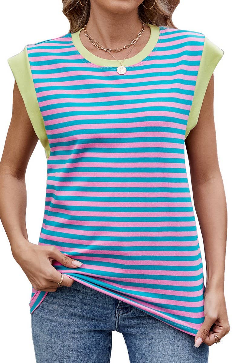 CWTTSL0320_SUMMER STRIPED ROUND NECK SHORT SLEEVE T-SHIRT