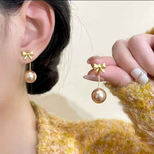 LIGHT LUXURY CHAMPAGNE COLOR PENDANT BOW EARRINGS