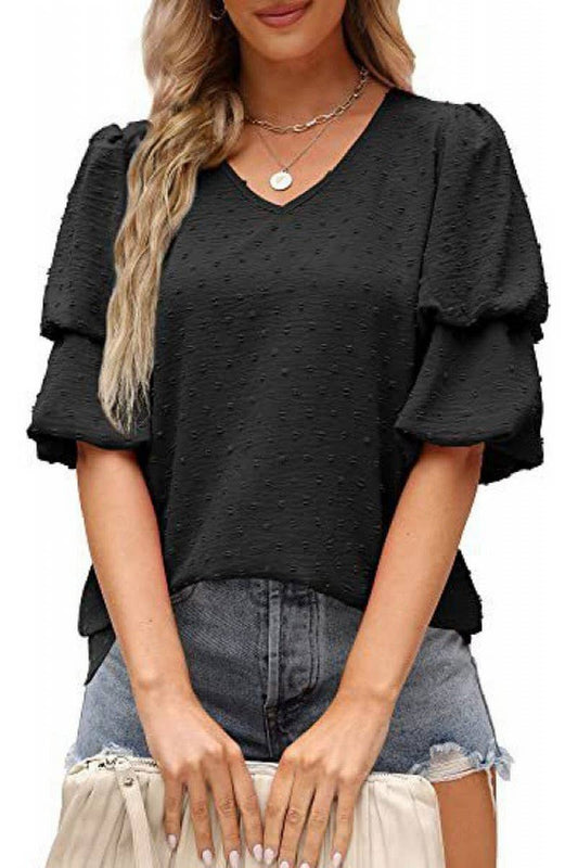 CWTBLS02488_V-NECK LANTERN SLEEVE DOT CHIFFON TOP