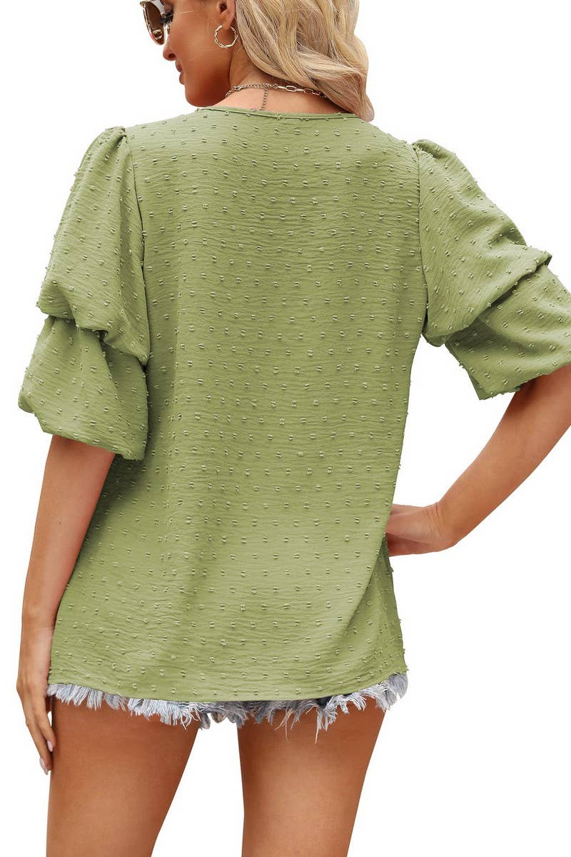 CWTBLS02488_V-NECK LANTERN SLEEVE DOT CHIFFON TOP