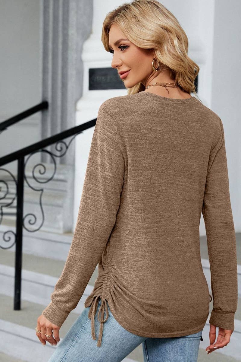 CWTBLL2690_FALL V-NECK PLEATED SOLID COLOR LONG-SLEEVED TOP