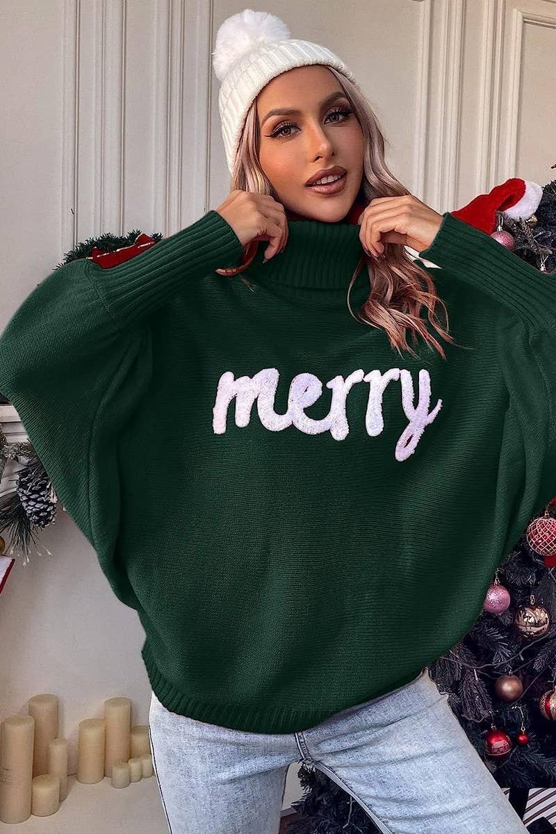 CWOSWL6261_EMBROIDERED BAT SLEEVE CHRISTMAS SWEATER