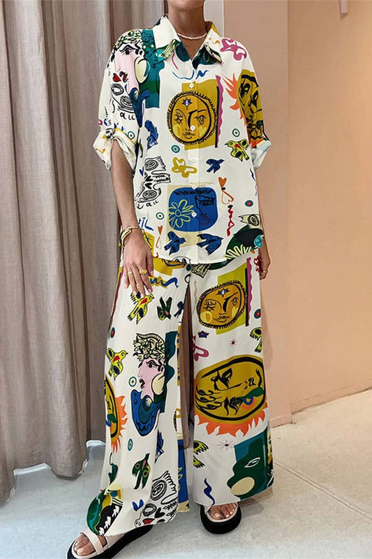 CWSS1133_GRAFFITI PRINT SHIRT WIDE LEG PANTS TWO-PIECE SET