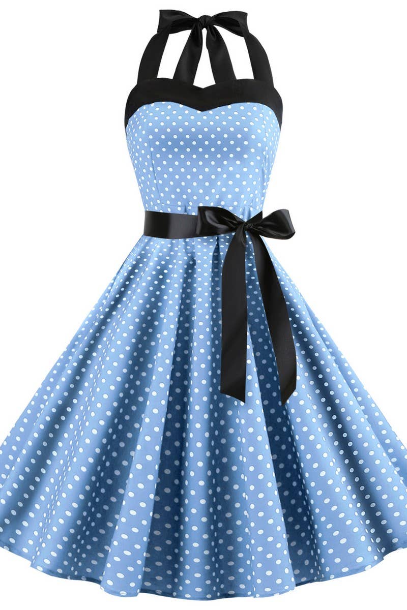 CWDHL01133_POLKA DOT OFF-THE-SHOULDER HALTERNECK DRESS