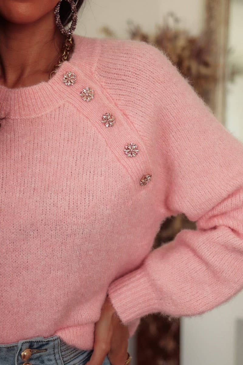 CWOSWL07425_SOLID RAGLAN SLEEVE BUTTONED KNIT SWEATER