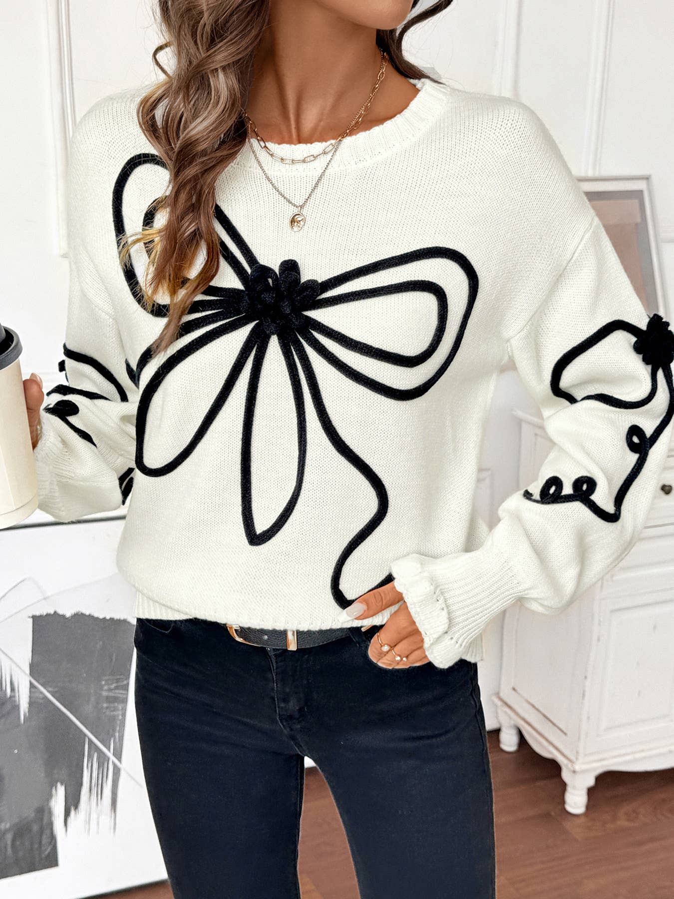 Color-blocking bow pullover long-sleeved sweater